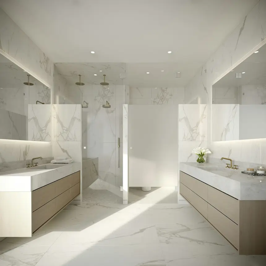 High-end master bathroom remodel with double vanities and a glass walk-in shower