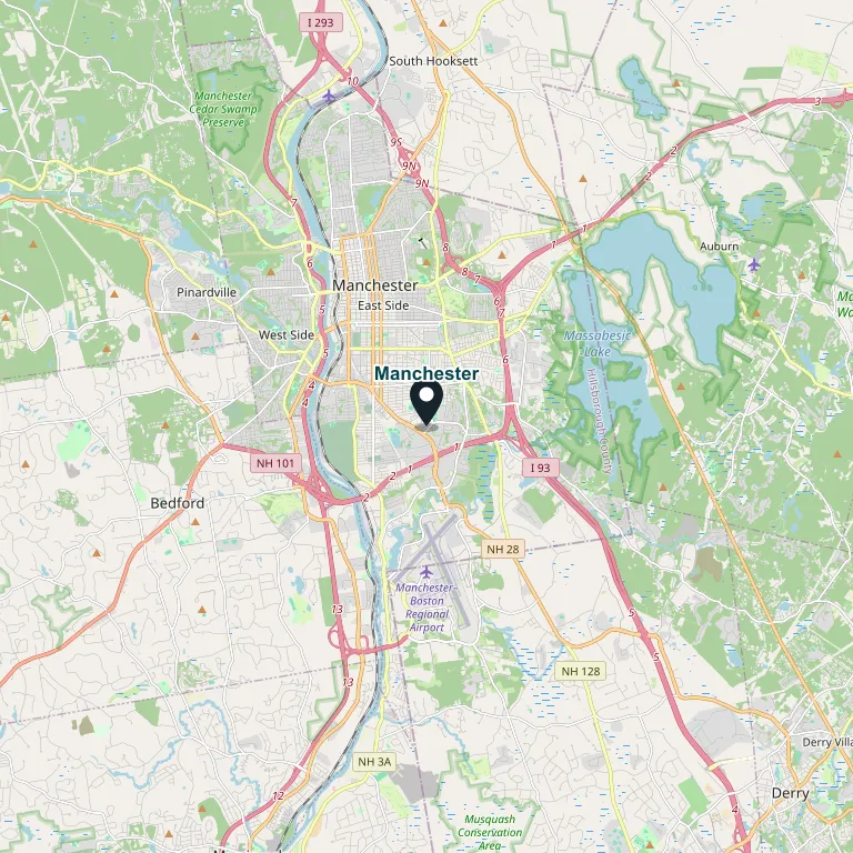 Map of our service area centered on Manchester, NH with the surrounding towns